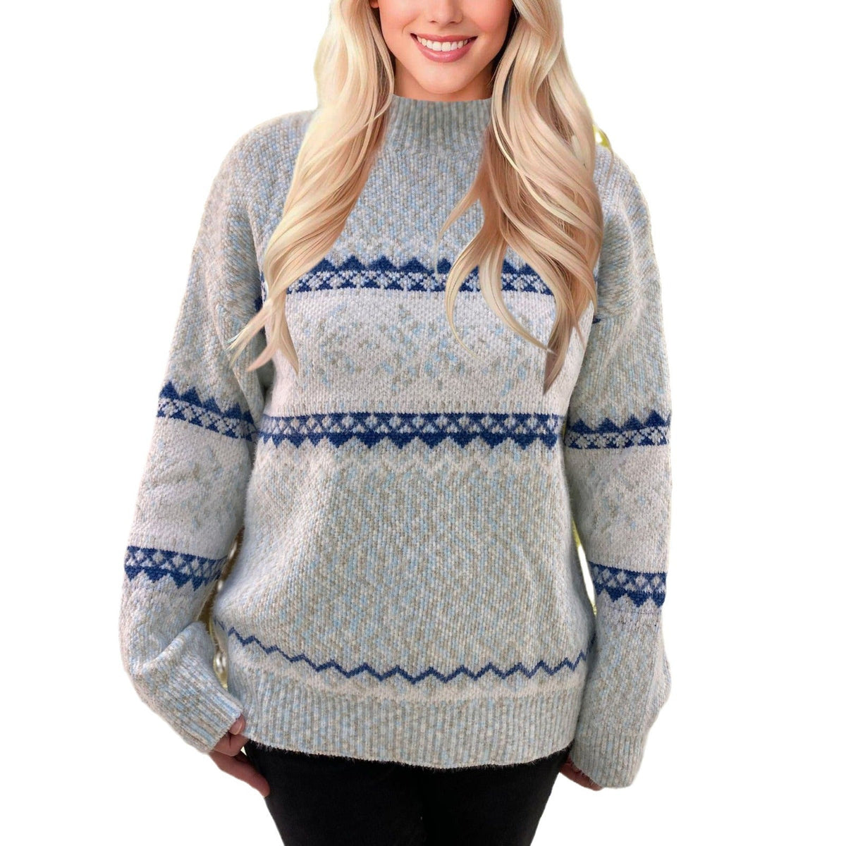 Women's Structured Norwegian Knit Sweater with Round Neck and Retro Pattern