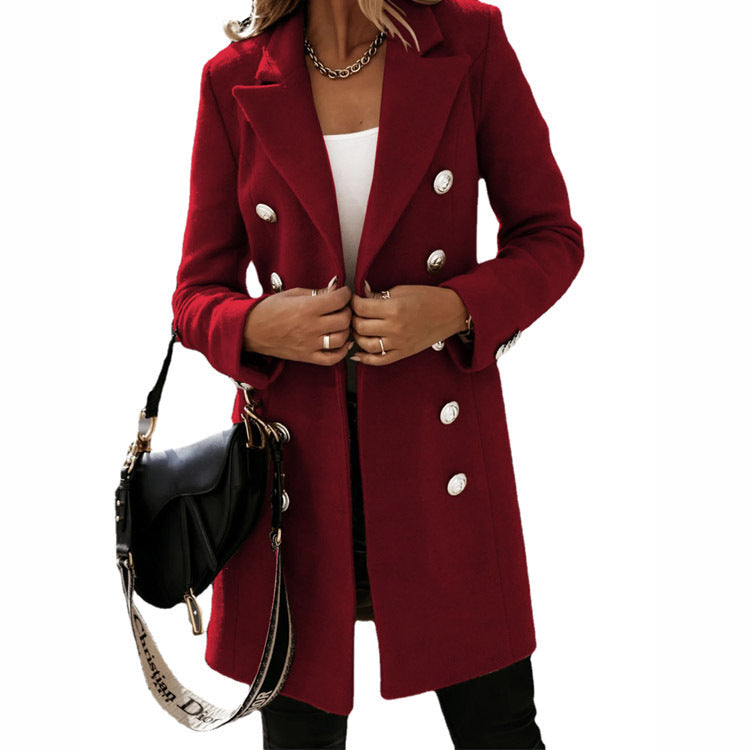Women's Elegant Double-Breasted Coat with Metallic Buttons and Feminine Cut