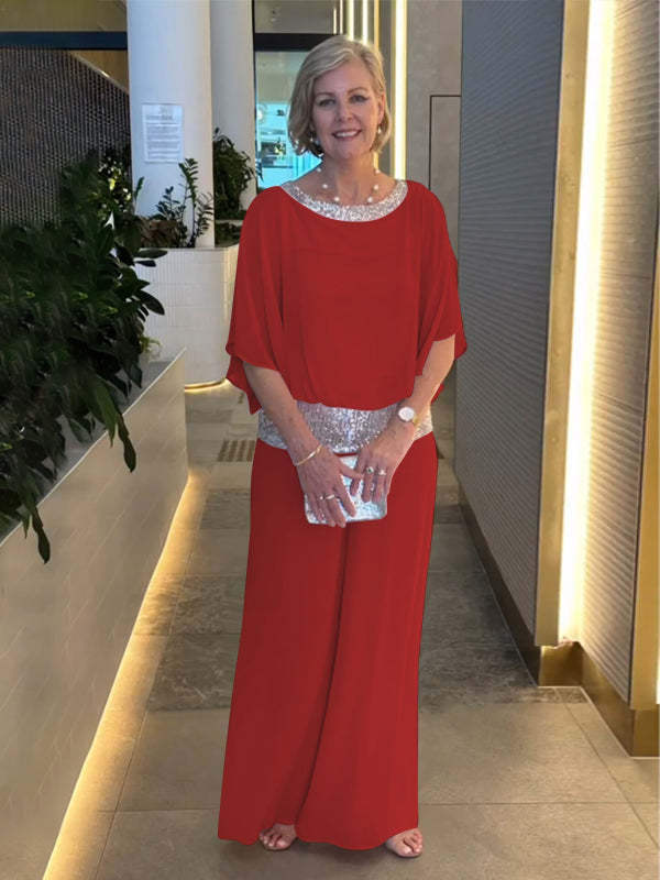 Elegant Jumpsuit with Shimmering Bodice and Wide Leg