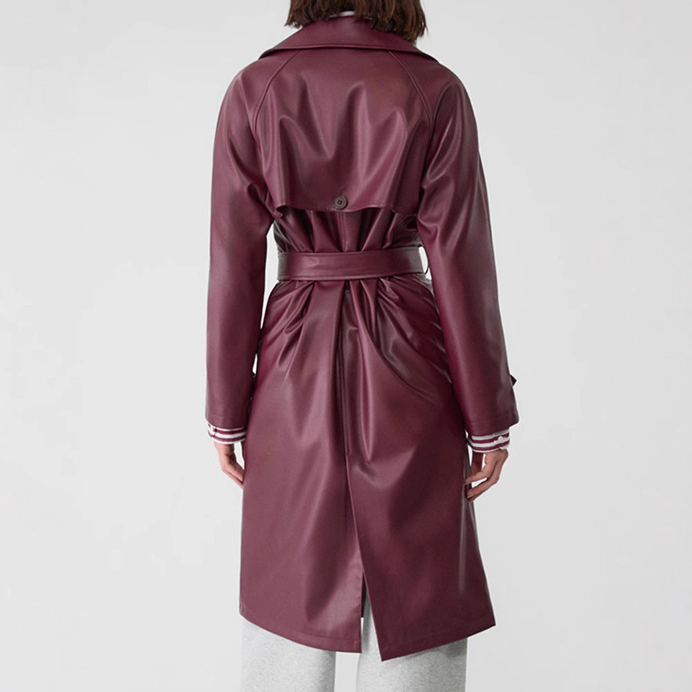 Women's Faux Leather Trench Coat with Elegant Cut