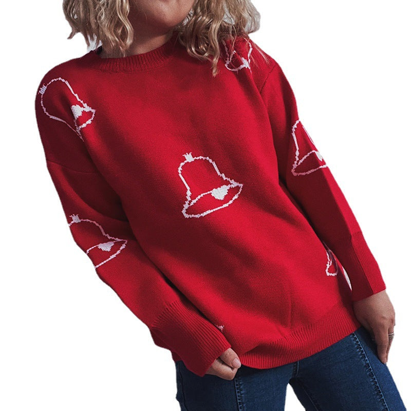 Women's Festive Sweater with Cheerful Bell Motif and Casual Cut