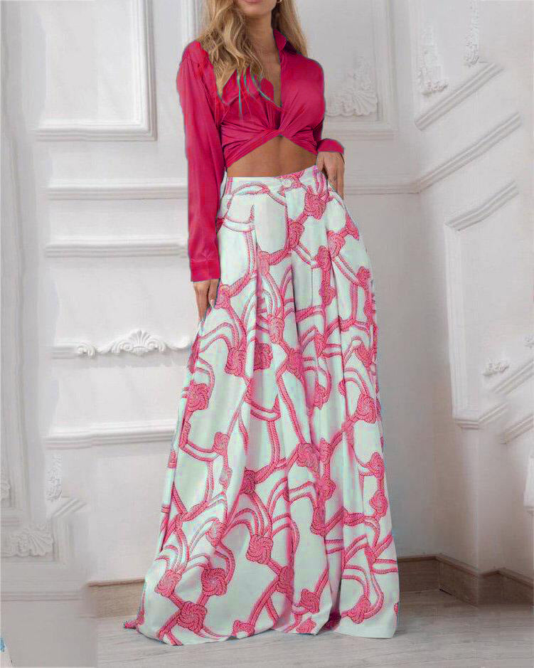 Women's Elegant Long-Sleeve Wrap Top and Maxi Skirt