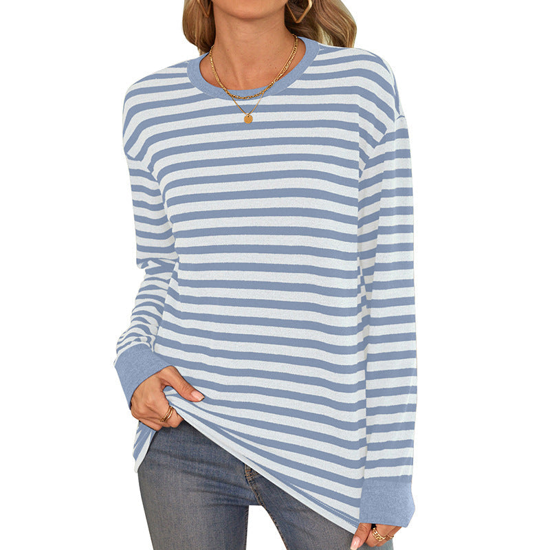 Women's Striped Long-Sleeve Shirt with Crew Neck