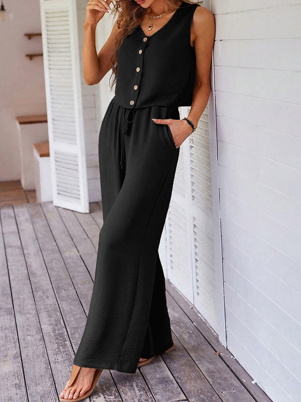 Women's Wide-Leg Jumpsuit with Button Detail