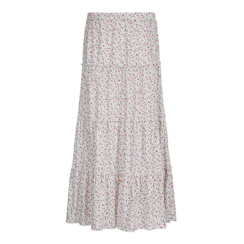 Women's Maxi Skirt with Floral Ruffle Details and Elastic Waistband