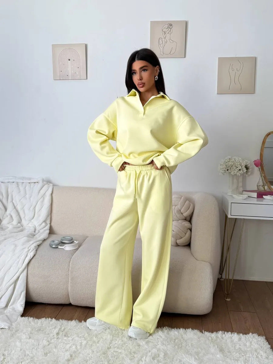Women's wide Polo lounge set with elastic drawstring waistband and wide-leg jogging pants