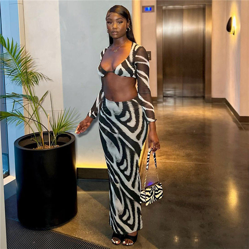 Women's Elegant Striped Crop Top and Maxi Skirt Set