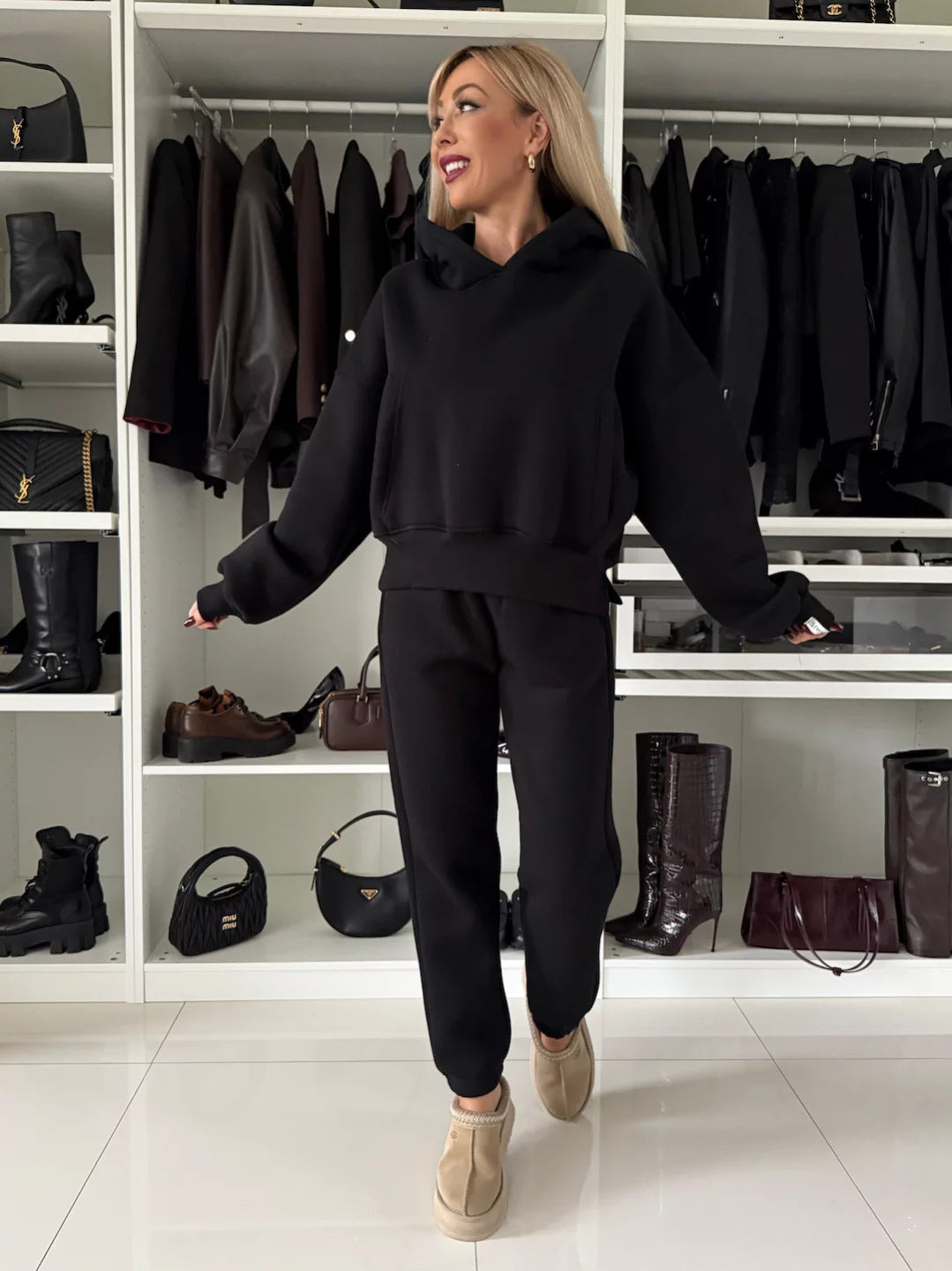 Women's Casual Fleece Loungewear Set with Hoodie and Joggers
