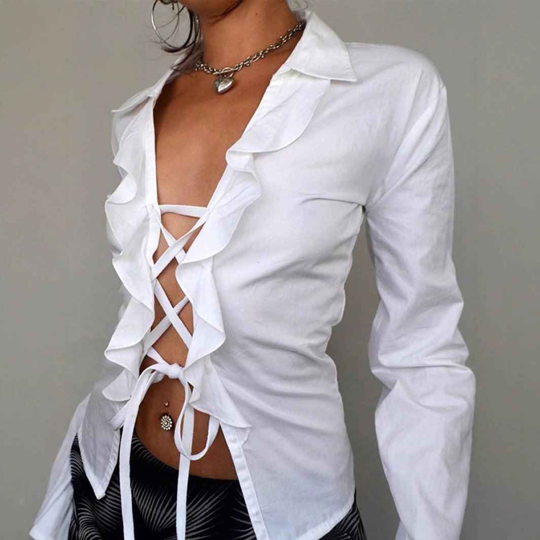 Women's Blouse with Voluminous Ruffles and Adjustable Waist