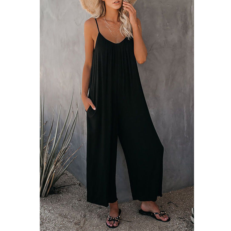 Women's Casual Summer Jumpsuit with Deep Neckline and Pockets