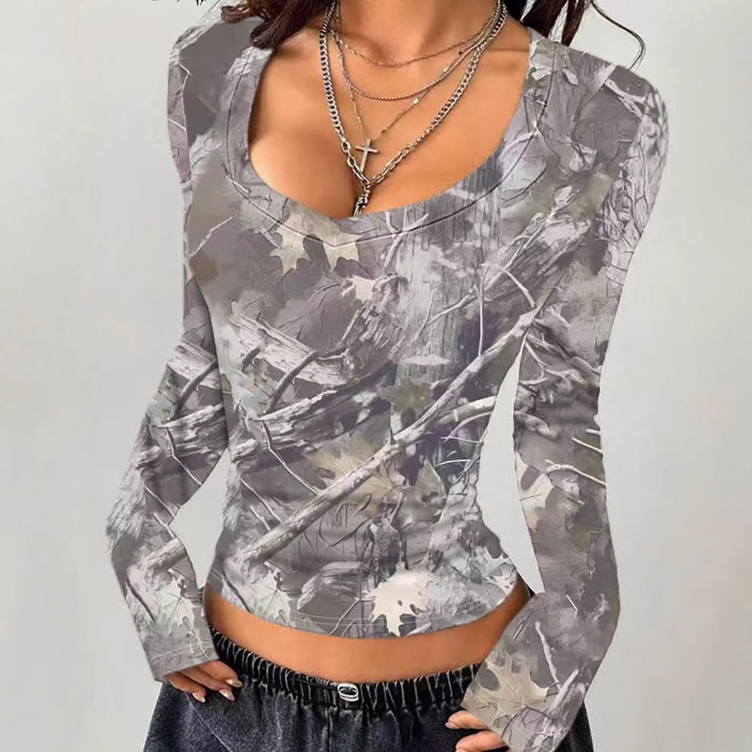 Women's Camouflage Long-Sleeve V-Neck Shirt