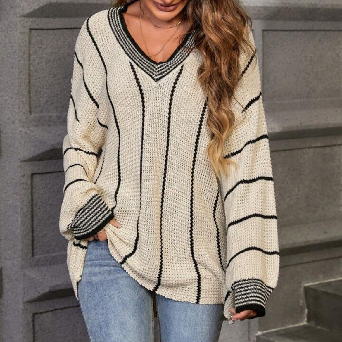 Women's Chunky Knit Sweater with V-Neck and Striped Pattern