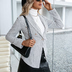 Women's Double-Breasted Blazer with Classic Plaid Pattern