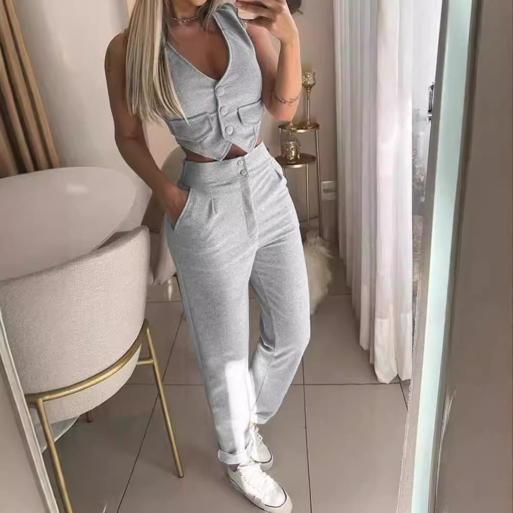 Women's Comfortable Lounge Set with Button Details and Wide Legs