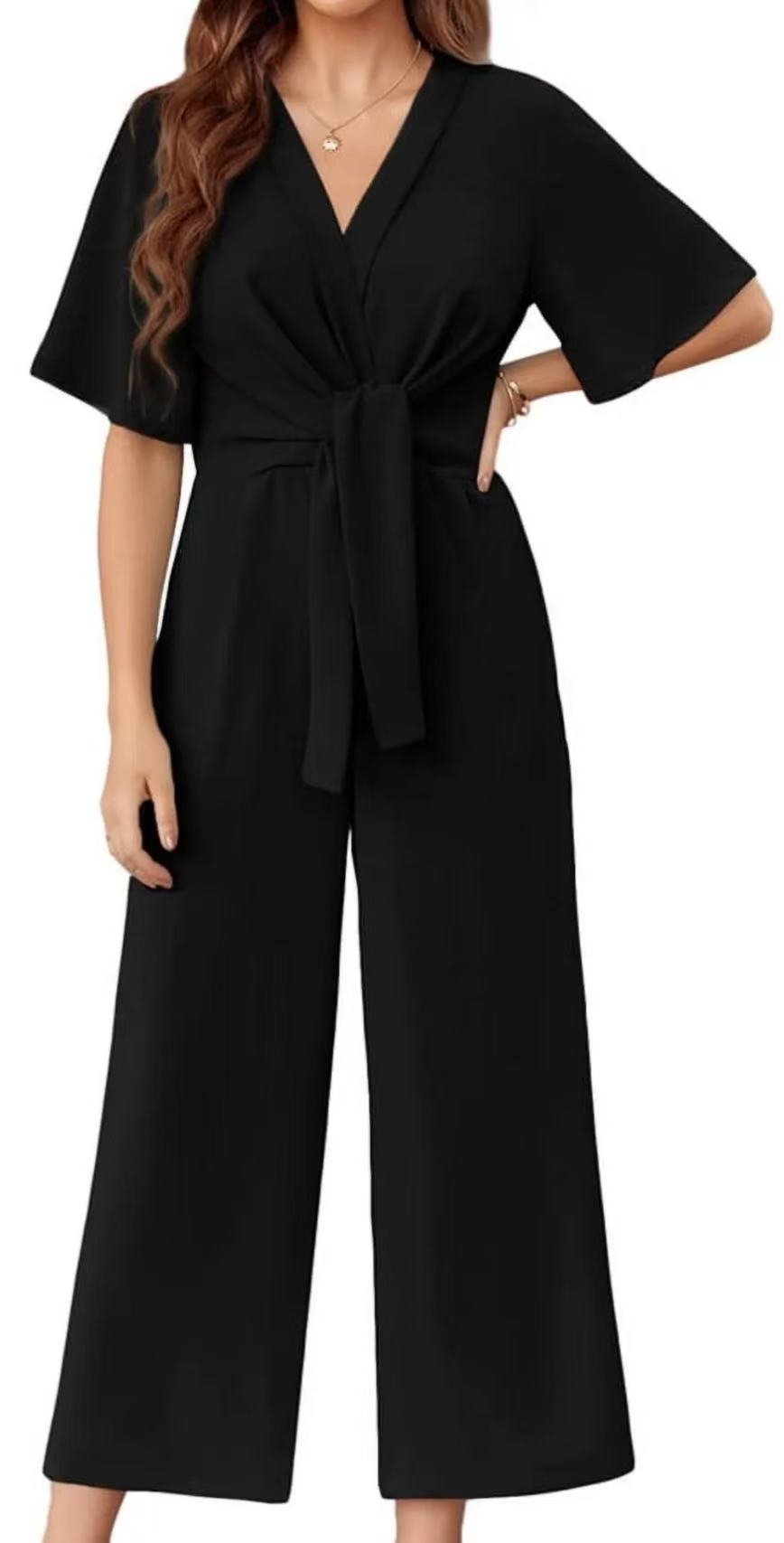 Women's Elegant Wrap Jumpsuit with Wide Legs and Waist Belt