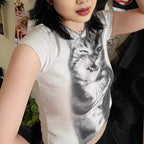 Women's Crop T-Shirt with Creative Cat Motif