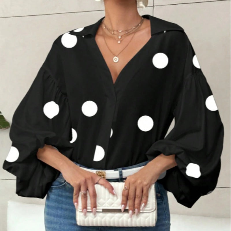 Women's Blouse with Voluminous Balloon Sleeves and Elegant Collar