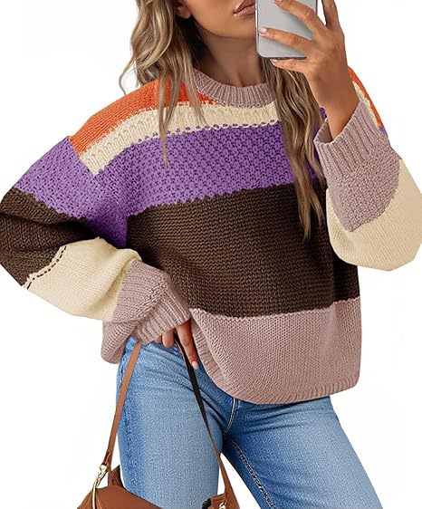 Women's Chunky Knit Sweater with Color Block Design and Oversized Fit