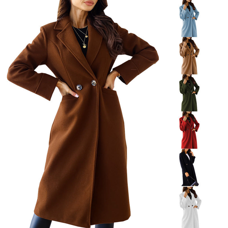 Elegant Wool Coat with Double-Breasted Button Front and Pockets