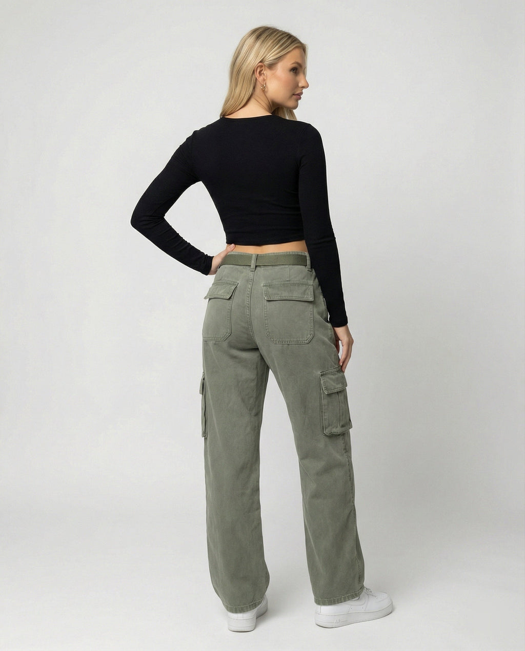 Women's High-Waisted Wide-Leg Cargo Pants with Reinforced Knees and Integrated Belt