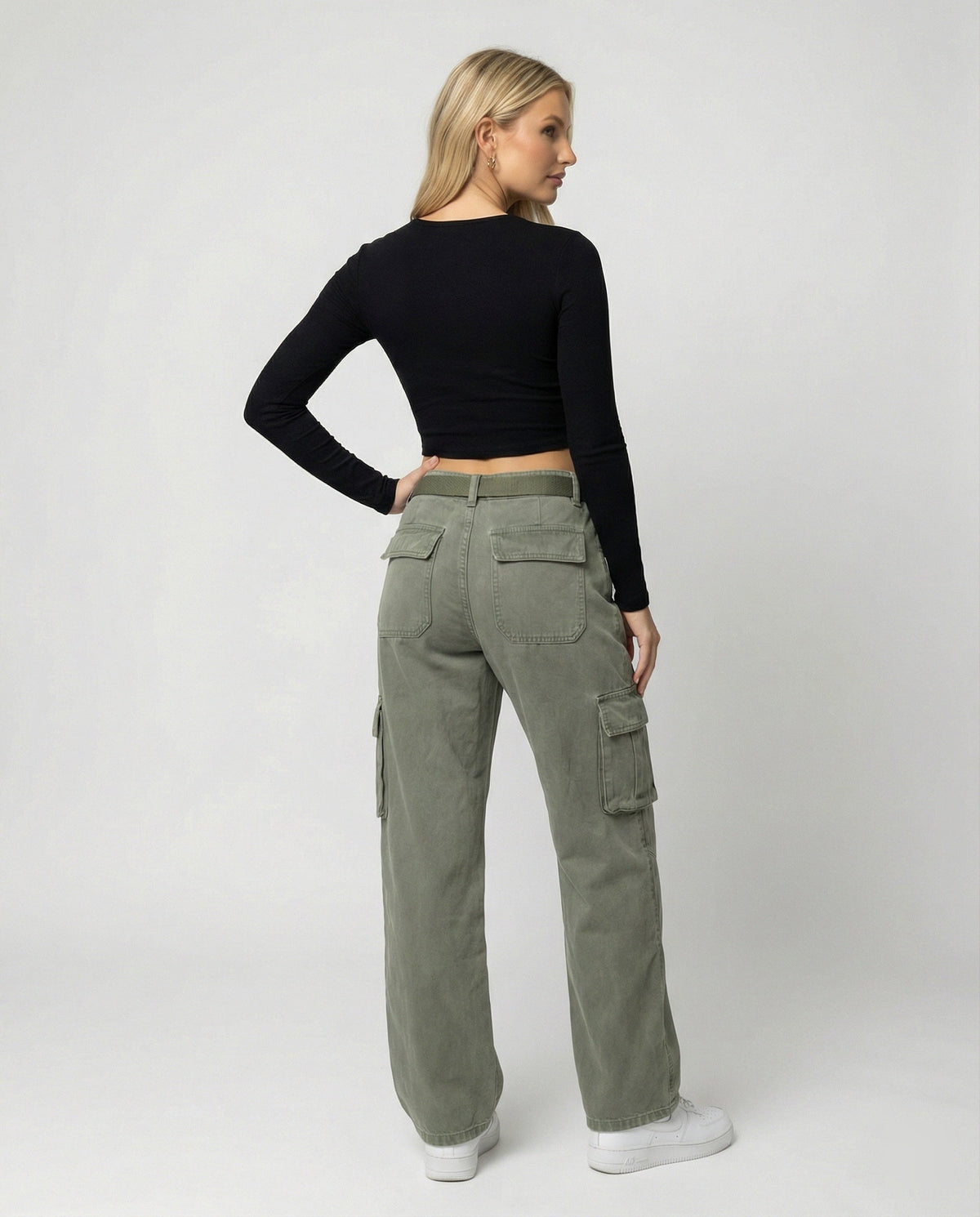 Women's High-Waisted Wide-Leg Cargo Pants with Reinforced Knees and Integrated Belt