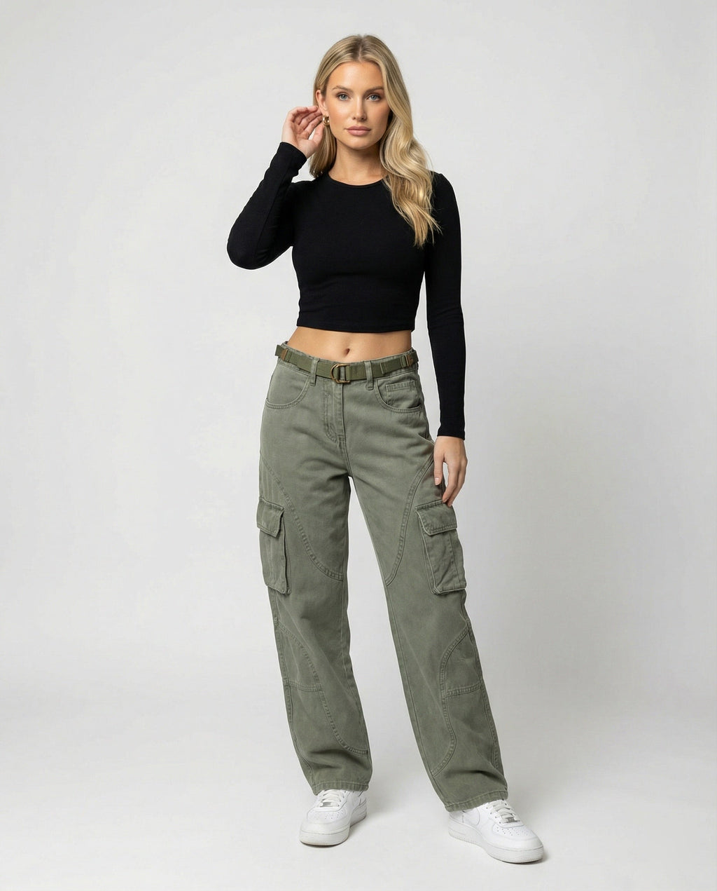 Women's High-Waisted Wide-Leg Cargo Pants with Reinforced Knees and Integrated Belt