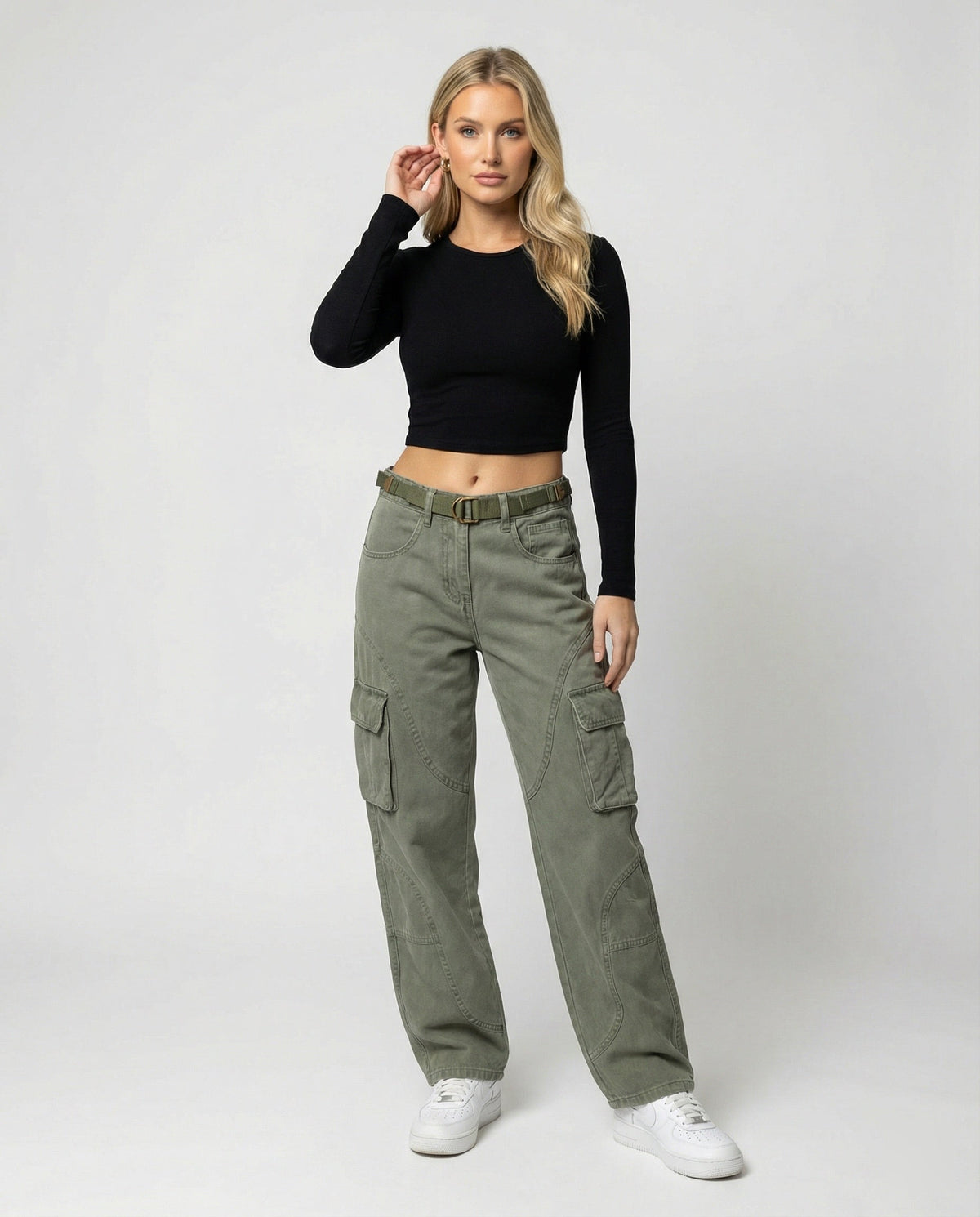 Women's High-Waisted Wide-Leg Cargo Pants with Reinforced Knees and Integrated Belt