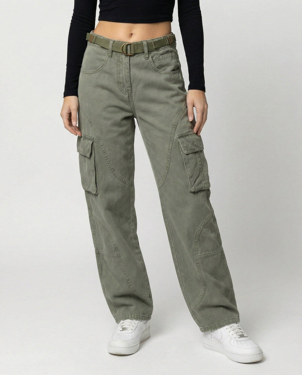 Women's High-Waisted Wide-Leg Cargo Pants with Reinforced Knees and Integrated Belt