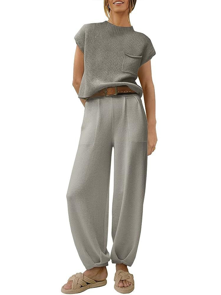 Women's Casual Knit Top and Wide-Leg Pants Set