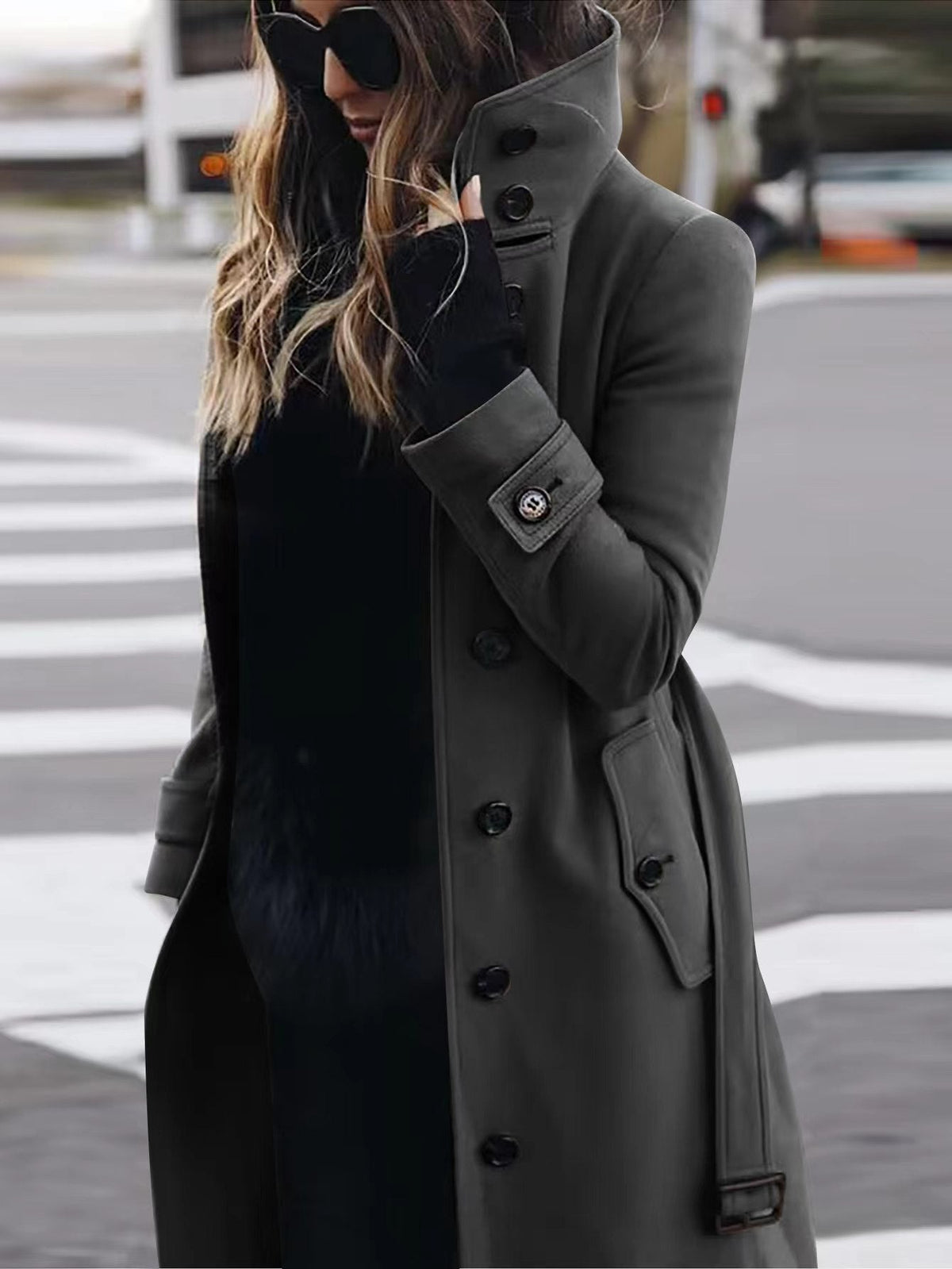Women's Fashionable Trench Coat with High Collar and Elegant Buttons