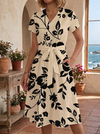 Women's Floral Midi Dress with Adjustable Belt