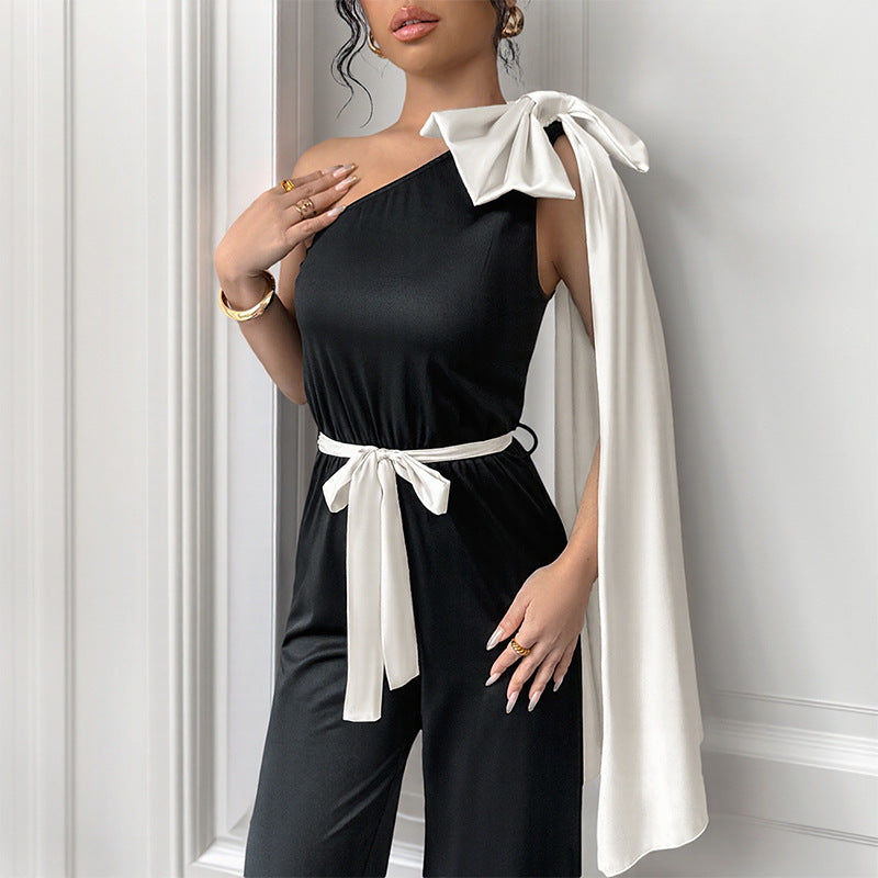 Elegant Women's Jumpsuit with Asymmetric Neckline and Decorative Waist Belt