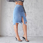 Women's Midi Skirt with Asymmetrical Hem and Destroyed Effects