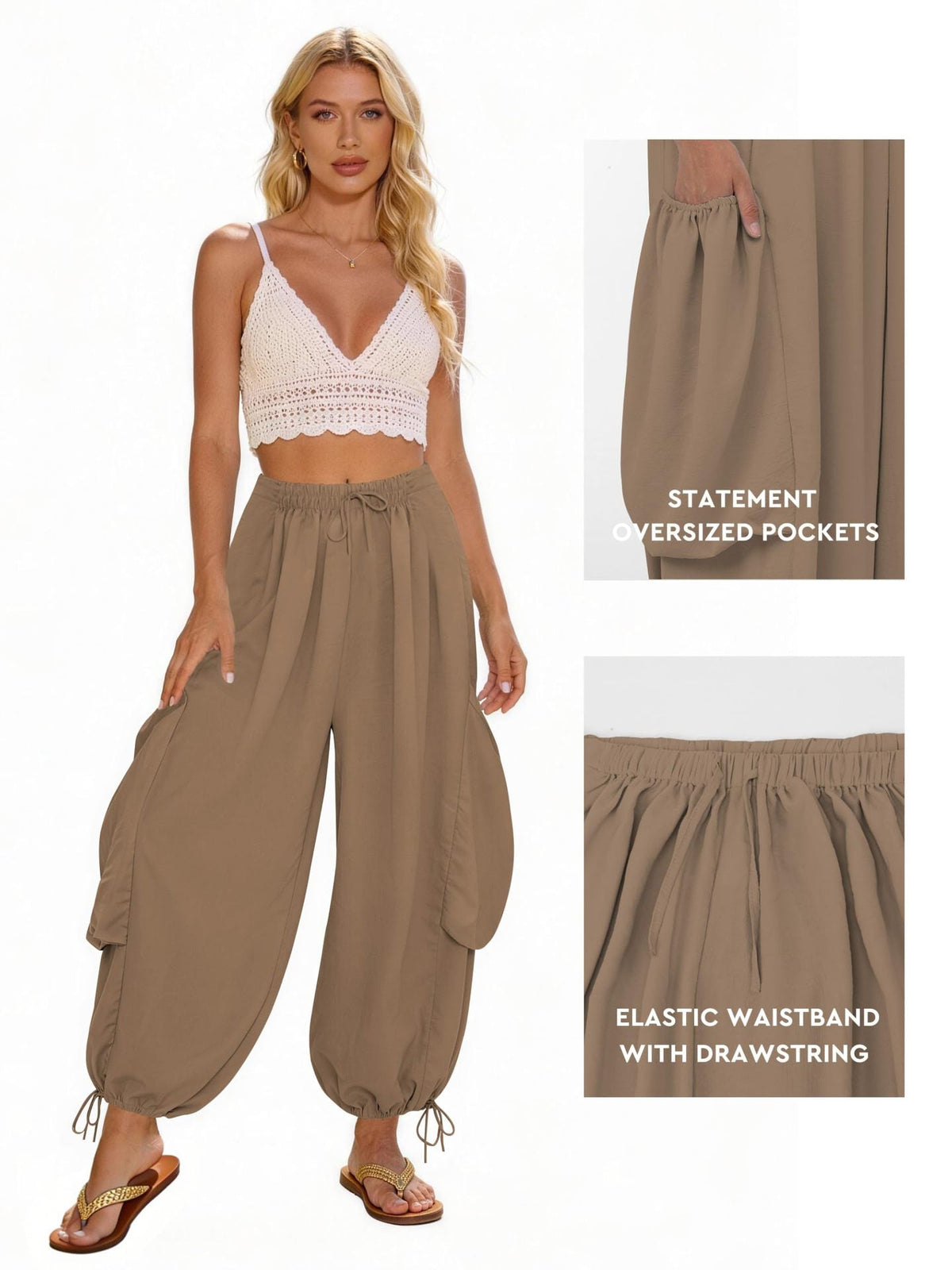 Women's Comfortable Casual Pants with Oversized Pockets and Elastic Waistband