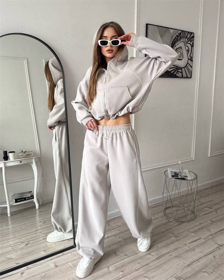 Women's Hooded Jacket and Wide Jogging Trousers Set with Contrast Stitching
