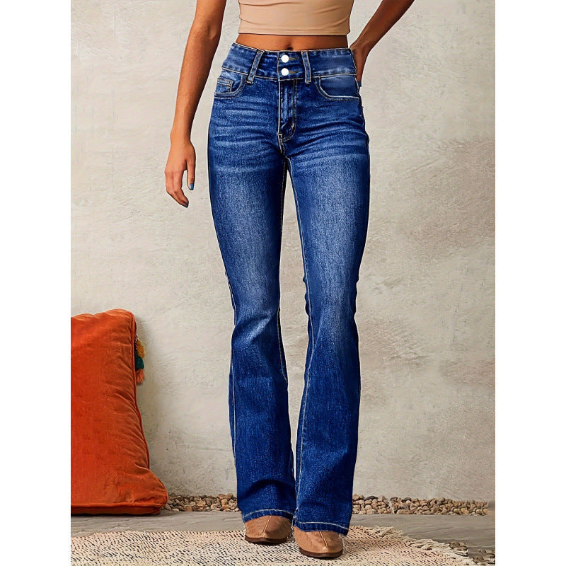 Women's High-Waisted Bootcut Jeans with Fashionable Buttons
