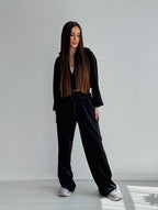 Women's Elegant Velour Lounge Set with Cropped Top and Wide-Leg Pants