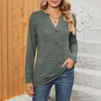 Women's Long-Sleeve Shirt with Button Placket and V-Neck
