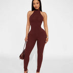 Women's Form-Fitting High-Neck Ribbed Jumpsuit