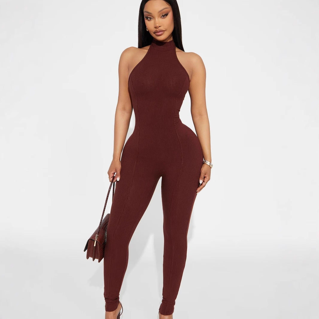 Women's Form-Fitting High-Neck Ribbed Jumpsuit