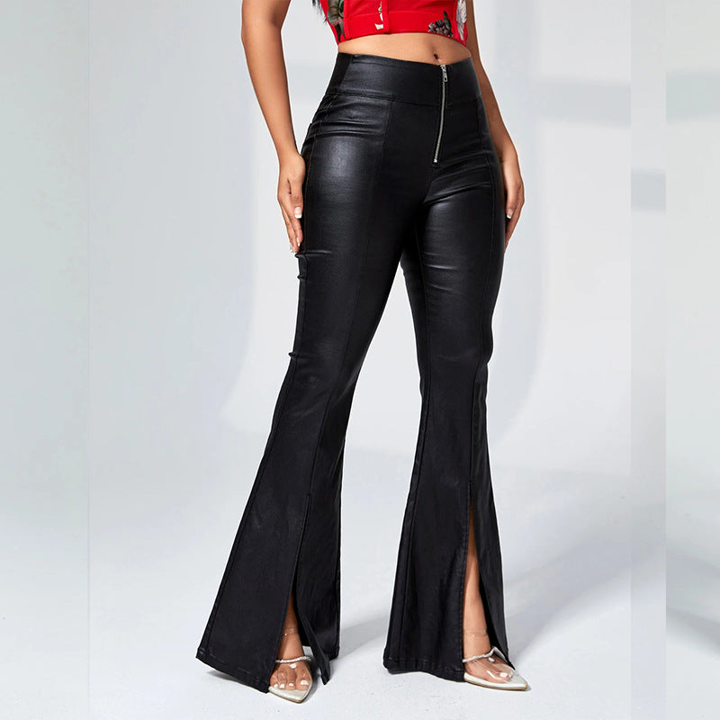 Women's Faux Leather Trousers with Side Slits