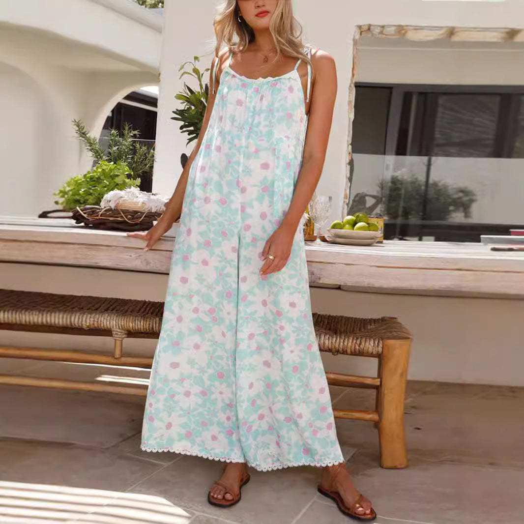 Women's Airy Summer Jumpsuit with Floral Print and Adjustable Straps