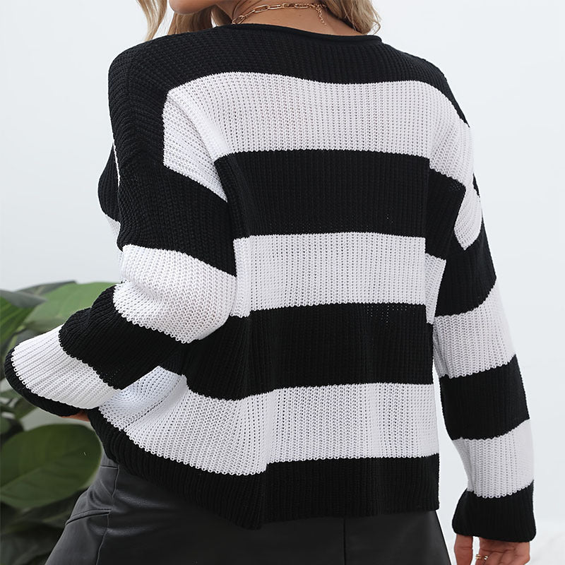 Women's Striped Knit Sweater with Wide Cut