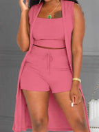 Women's Casual 3-Piece Set: Crop Top, Shorts, and Long Cardigan