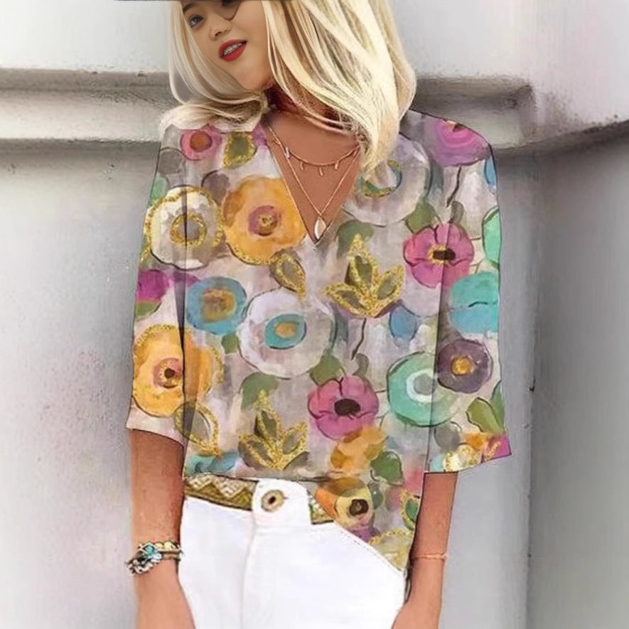 Women's Patterned Blouse with V-Neck and 3/4 Sleeves