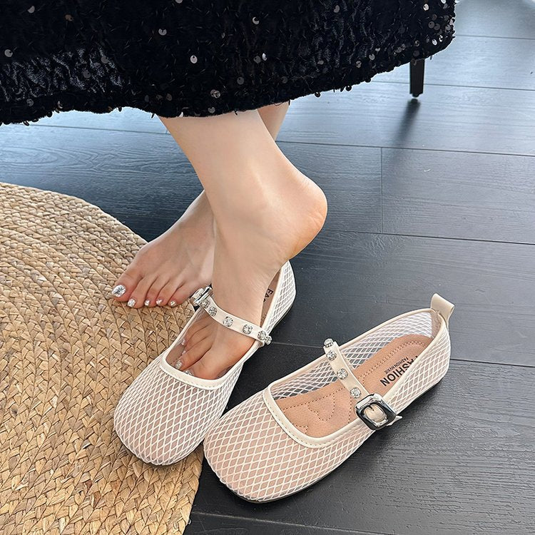 Women's Ballet Flats with Decorative Mesh Design and Sparkling Strap