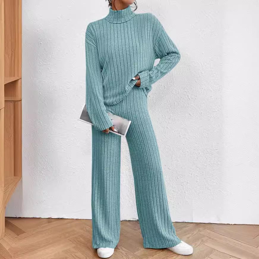 Women's Chunky Knit Two-Piece Set with High Collar and Wide Cut
