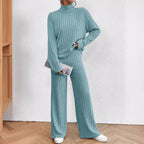 Women's Chunky Knit Two-Piece Set with High Collar and Wide Cut