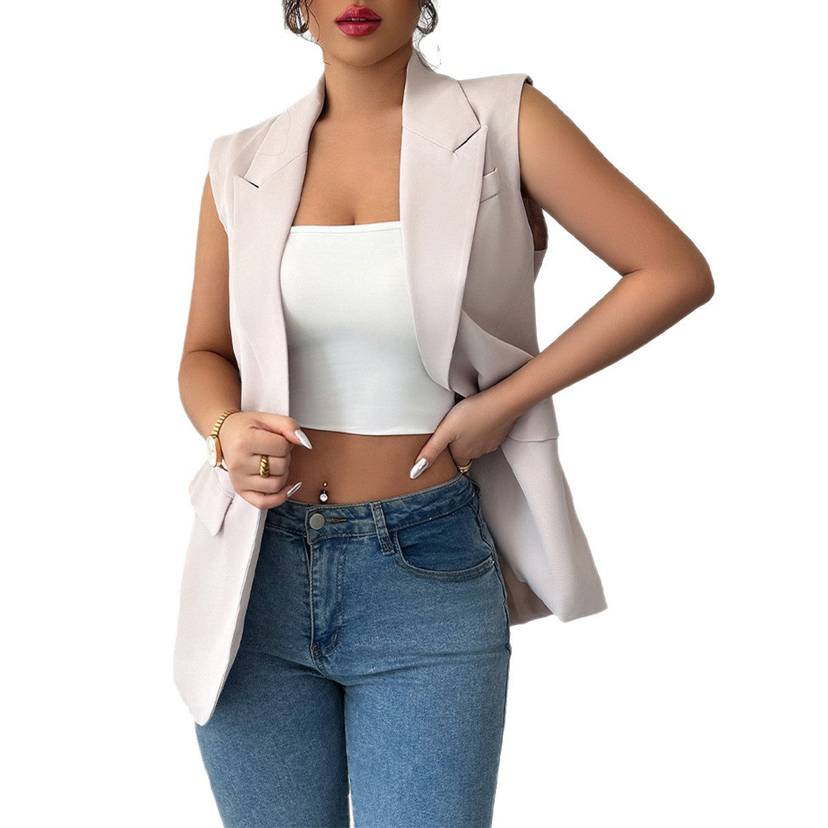 Women's Elegant Sleeveless Blazer with Fine Details