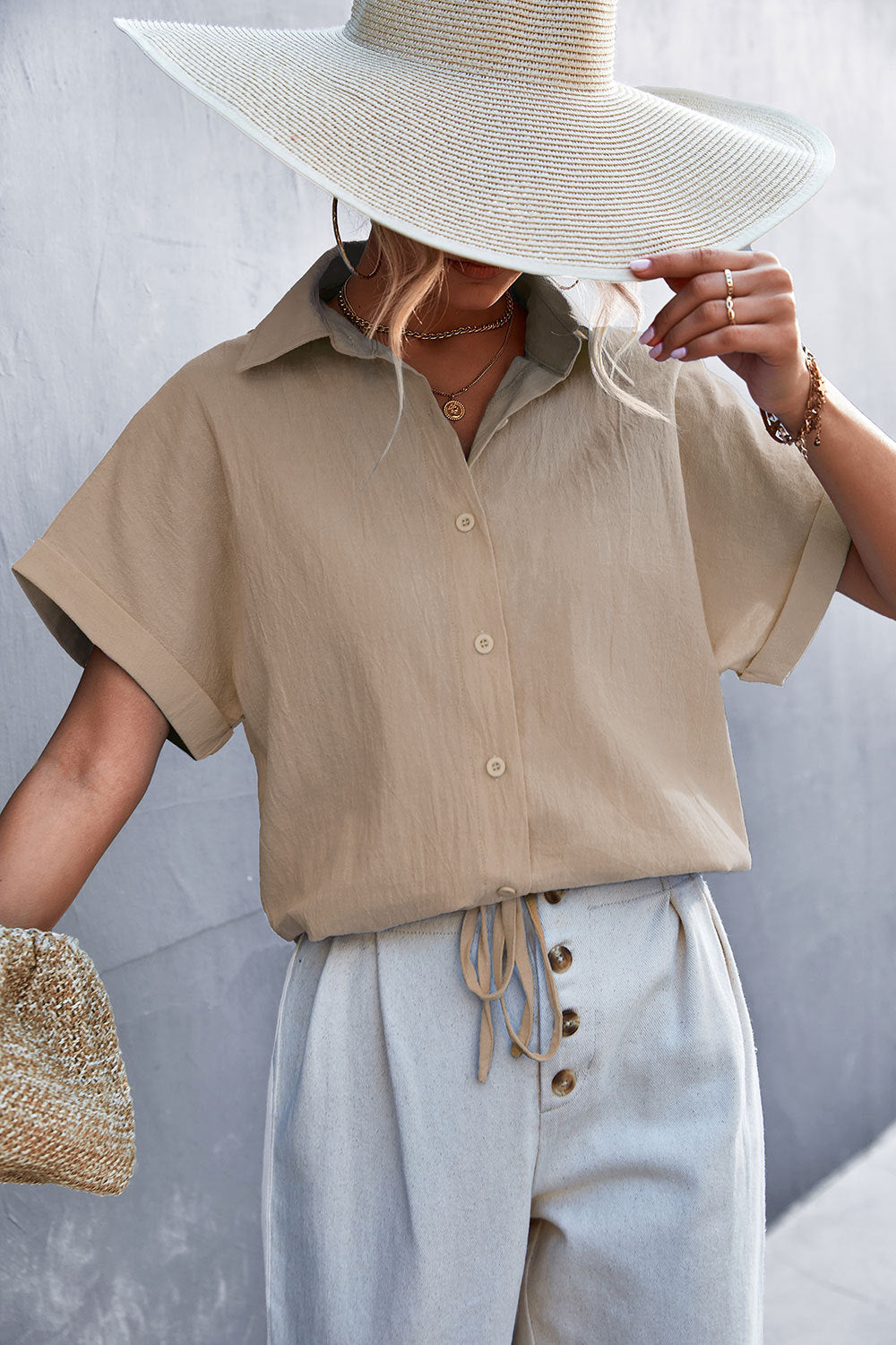 Women's Short-Sleeve Blouse with Waist Tie